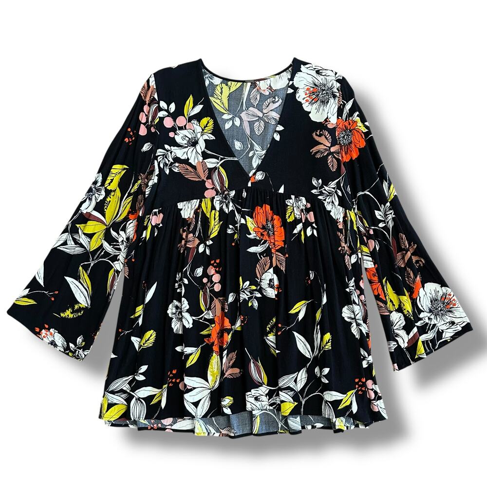 Free People Bella Tunic Top Floral Babydoll Blouse Women’s L Black Multicolor